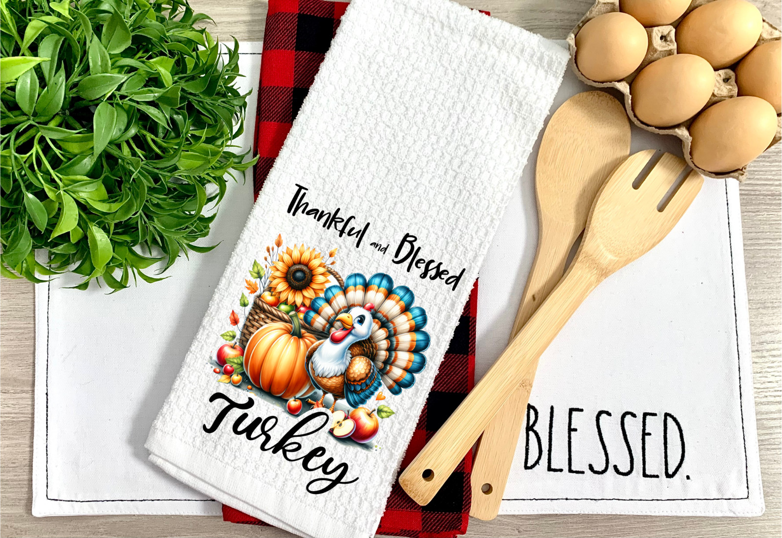 Thankful and Blessed/Turkey, Waffle Weave Towel, Micro Fiber/Gym/Spa/Hands(T476)