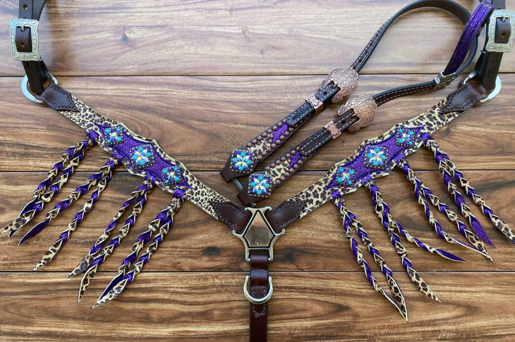Western Brown Leather Tack set of Headstall & Breast collar with blue Overlay