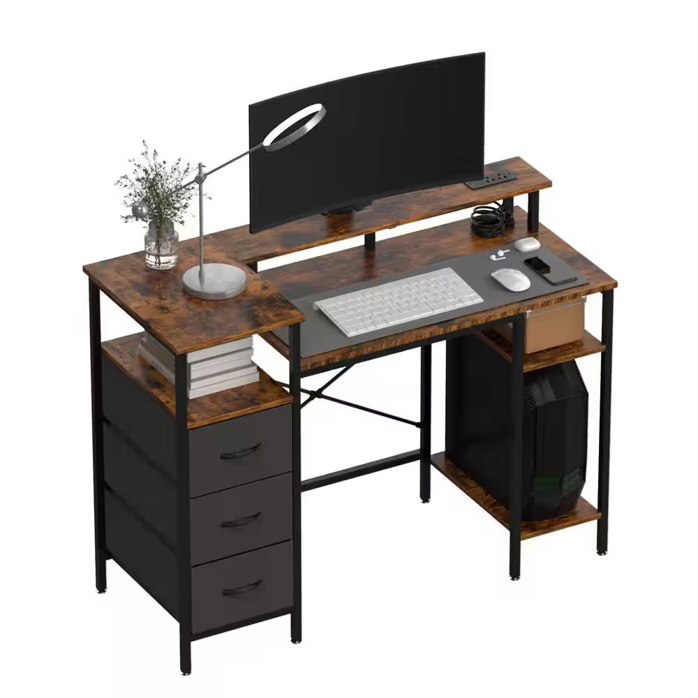 47.2 in Rectangle Computer Brown Wood 3-Drawer Computer Desk with Storage, Shelv