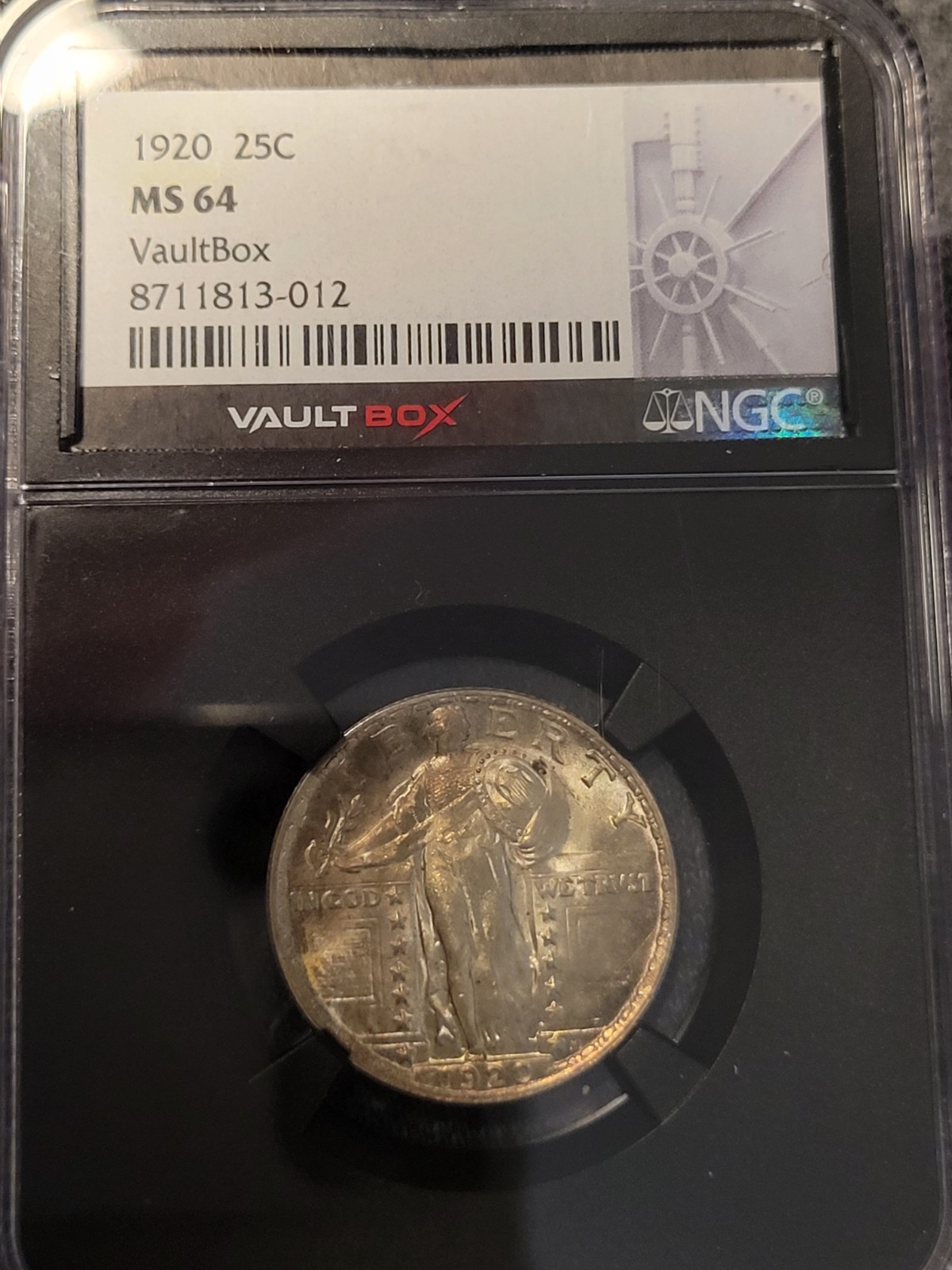 1920 25c Standing Liberty Silver Quarter Vaultbox MS 64 Slightly Toned  Beauty