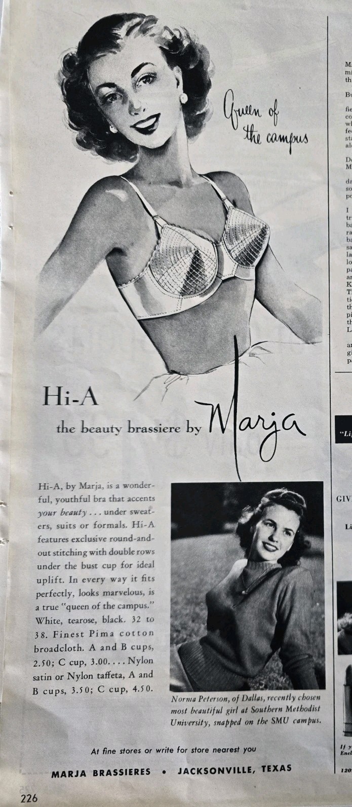 1948 Women's Marja Hi-A Beauty Brassiere Bra Queen of Campus Vintage ad