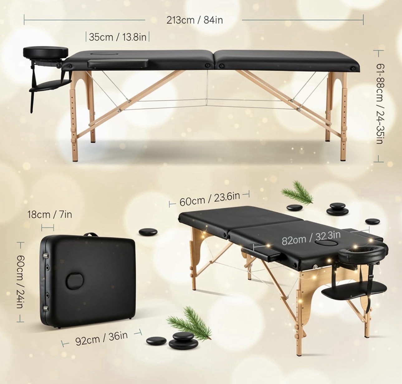 Portable Foldable Black Massage Table Wood Frame 84x23.6in Faux Leather