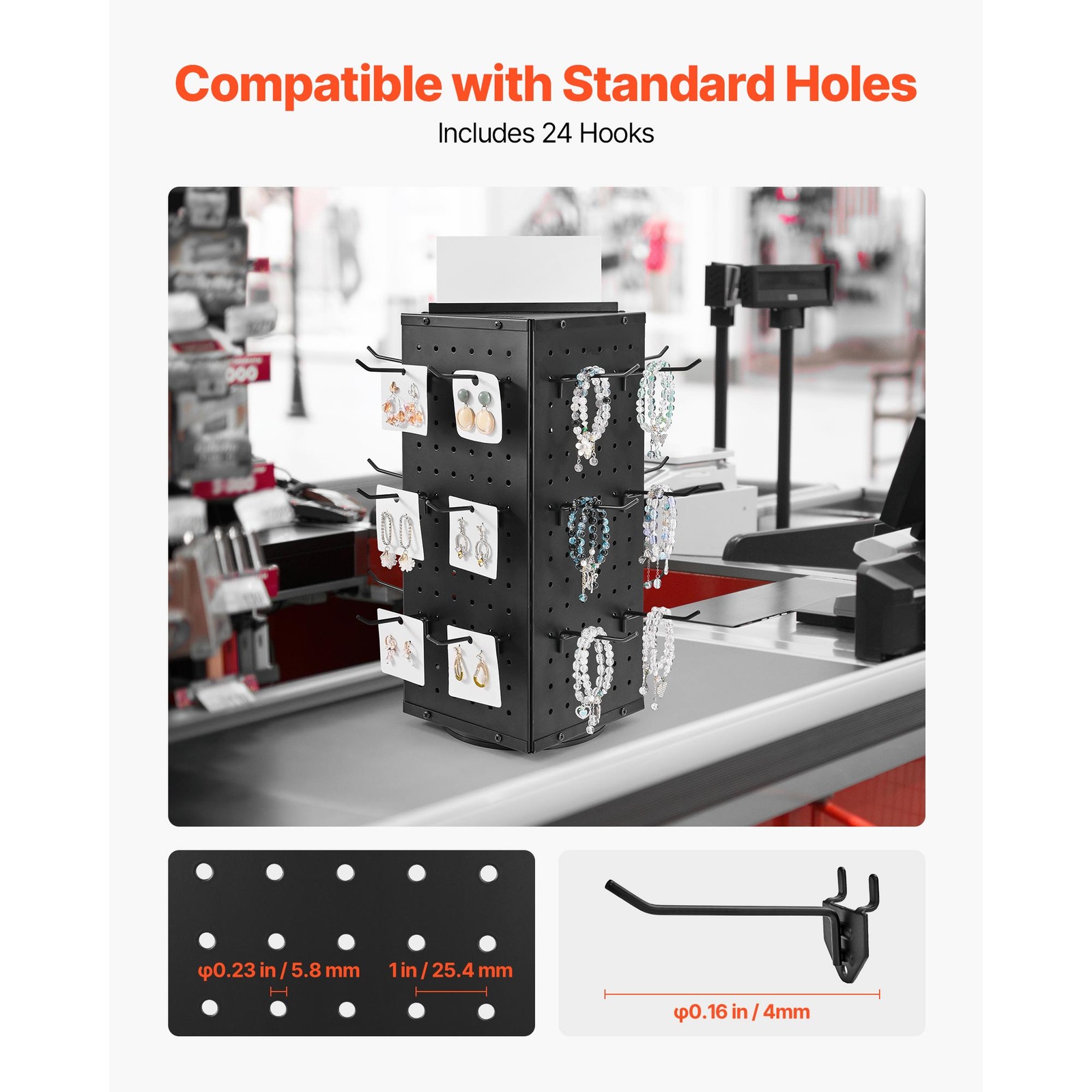 Rotating Pegboard Display 4-Sided Spinning Peg Board Display with 24 Hooks Black