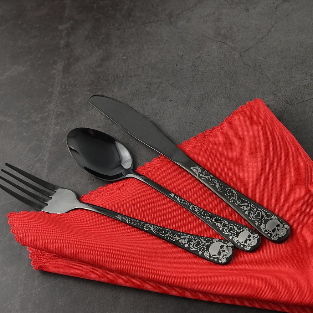 Skull Black Silverware Set for 4, 20-Piece Black Flatware Set, Gothic Skeleton C