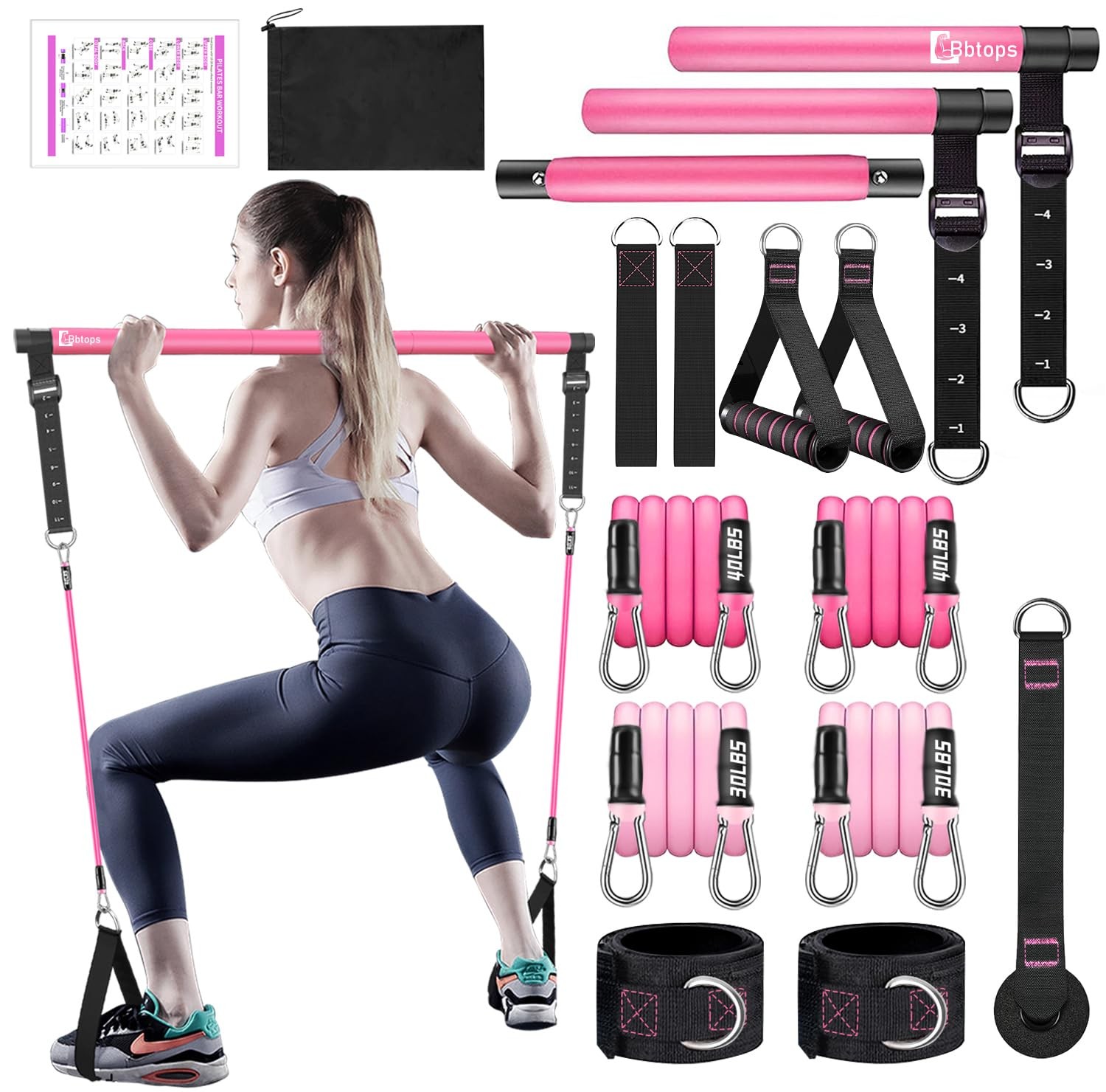 Bbtops Pilates Bar Kit with Resistance Bands,Full Body Workout Equipment Pink