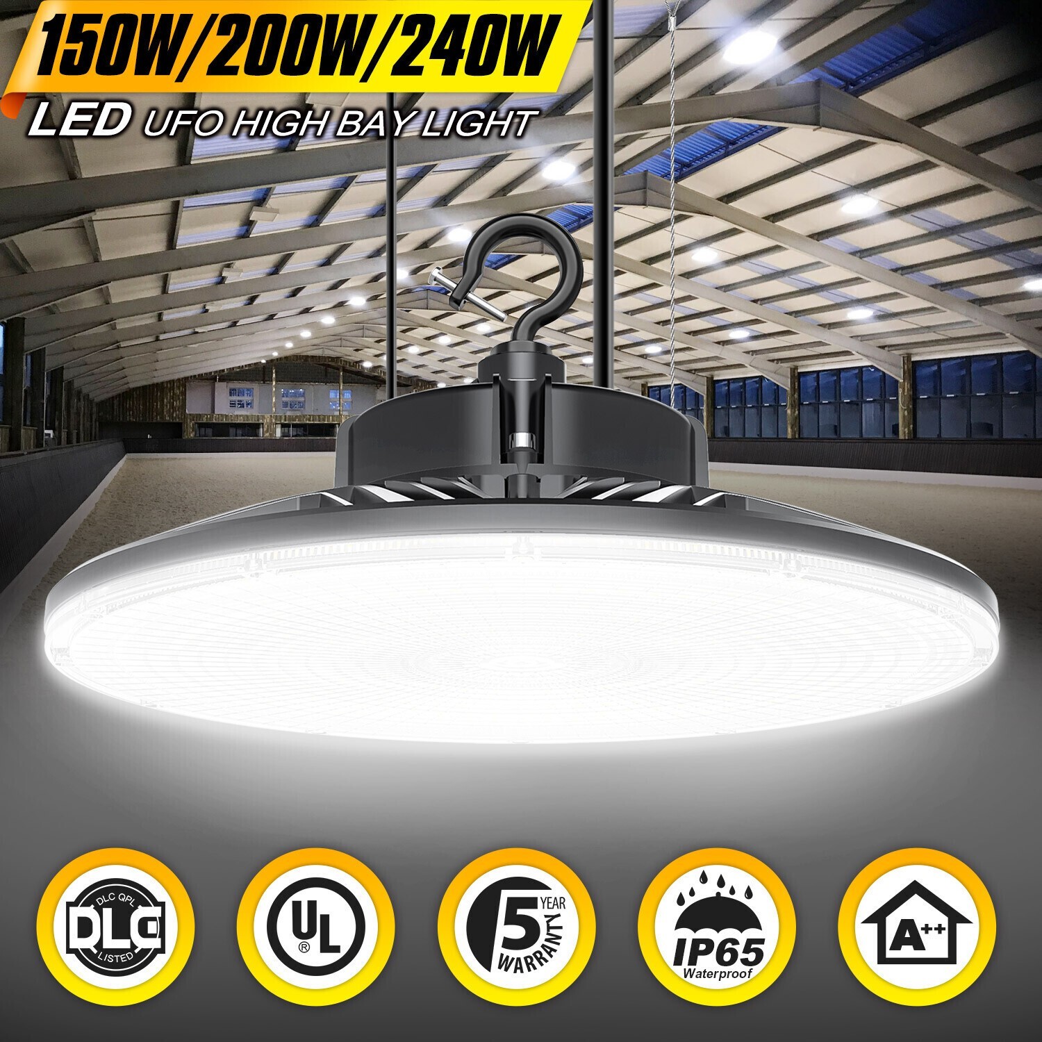 Commercial 150W/200W/240W/300W UFO LED High Bay Light Dimmable Fixture 5000K USA