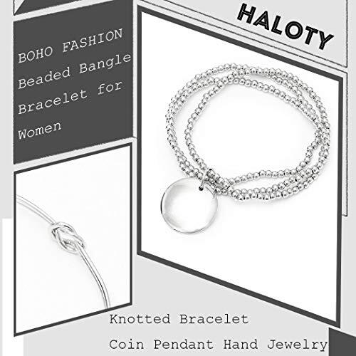 Boho Layered Knot Bangle Stackable Bracelets Silver Dainty Coin Beaded Hand