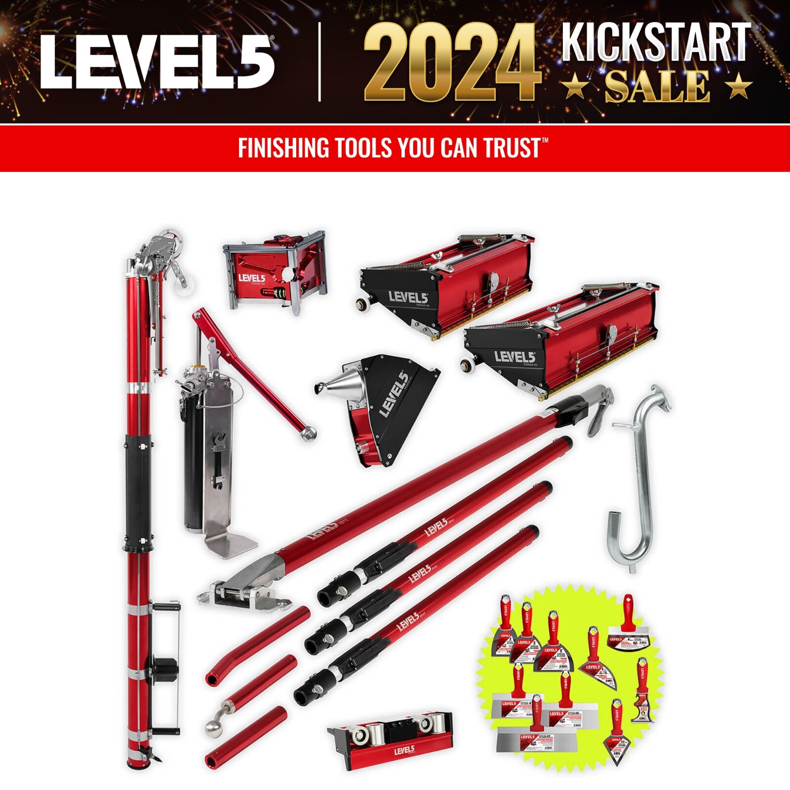 LEVEL5 Drywall Taping Tools Set | 10"/12" Boxes and Taper + BONUS TOOLS | 4-601P