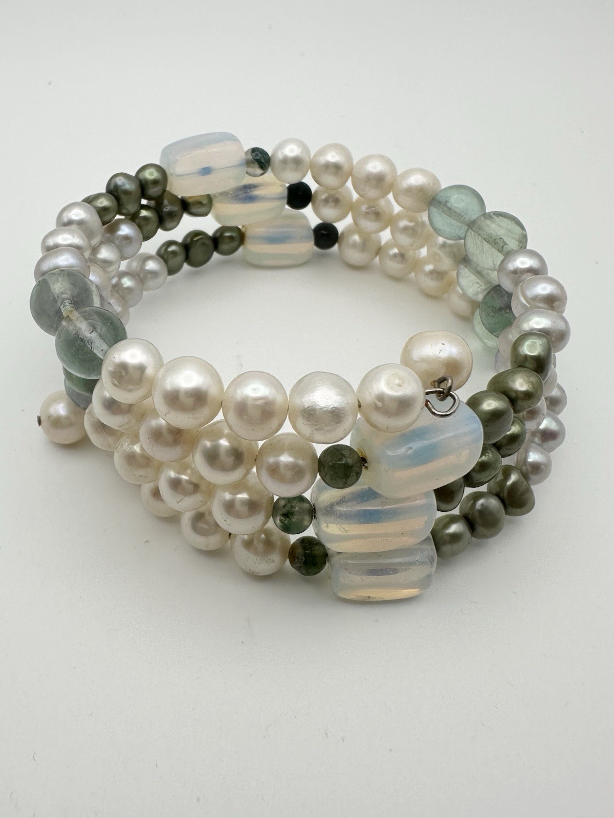 Freshwater Pearl Opalite Fluorite Wire Bracelet