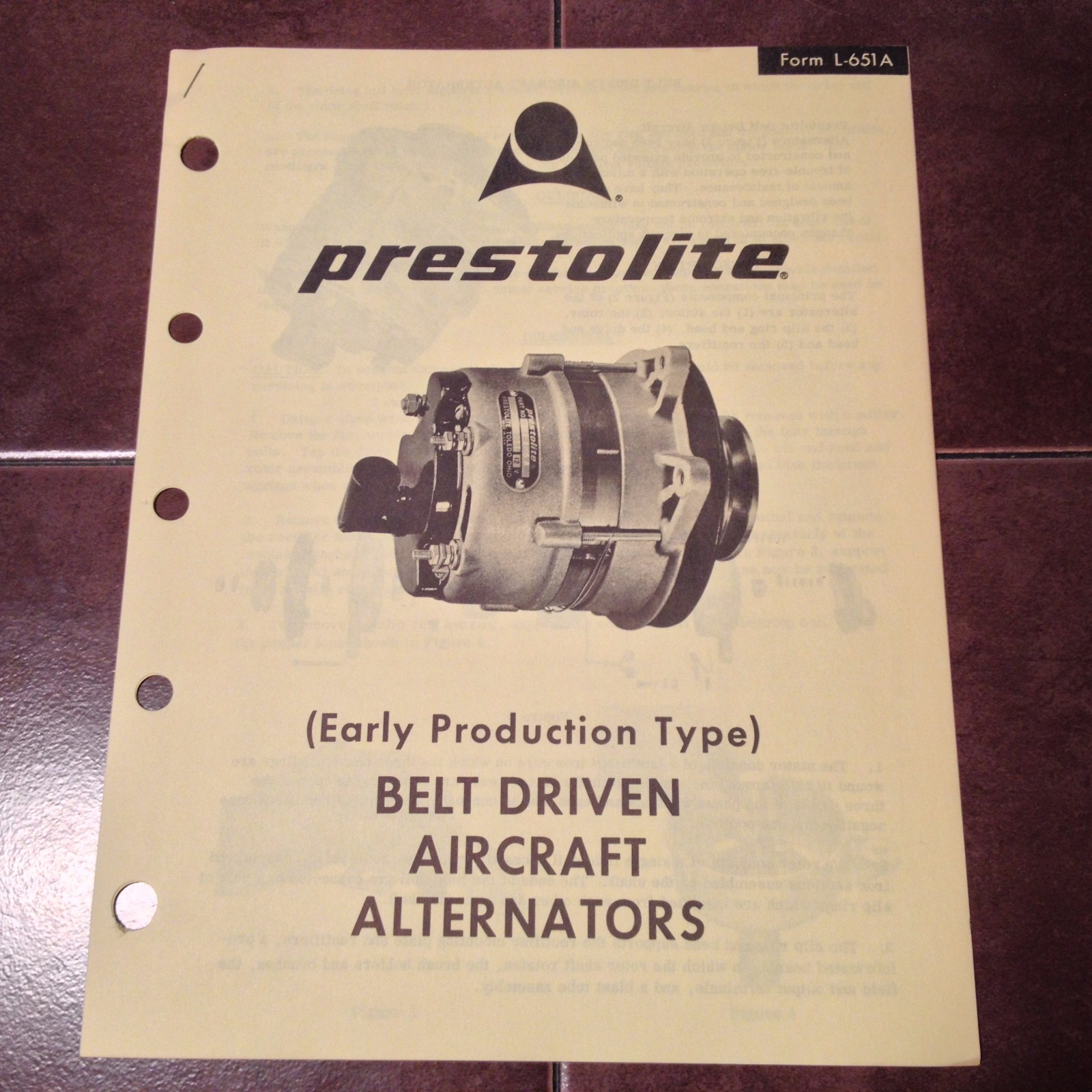 Prestolite (Early Type) Belt Driven Aircraft Alternator Service Data Tech Sheets