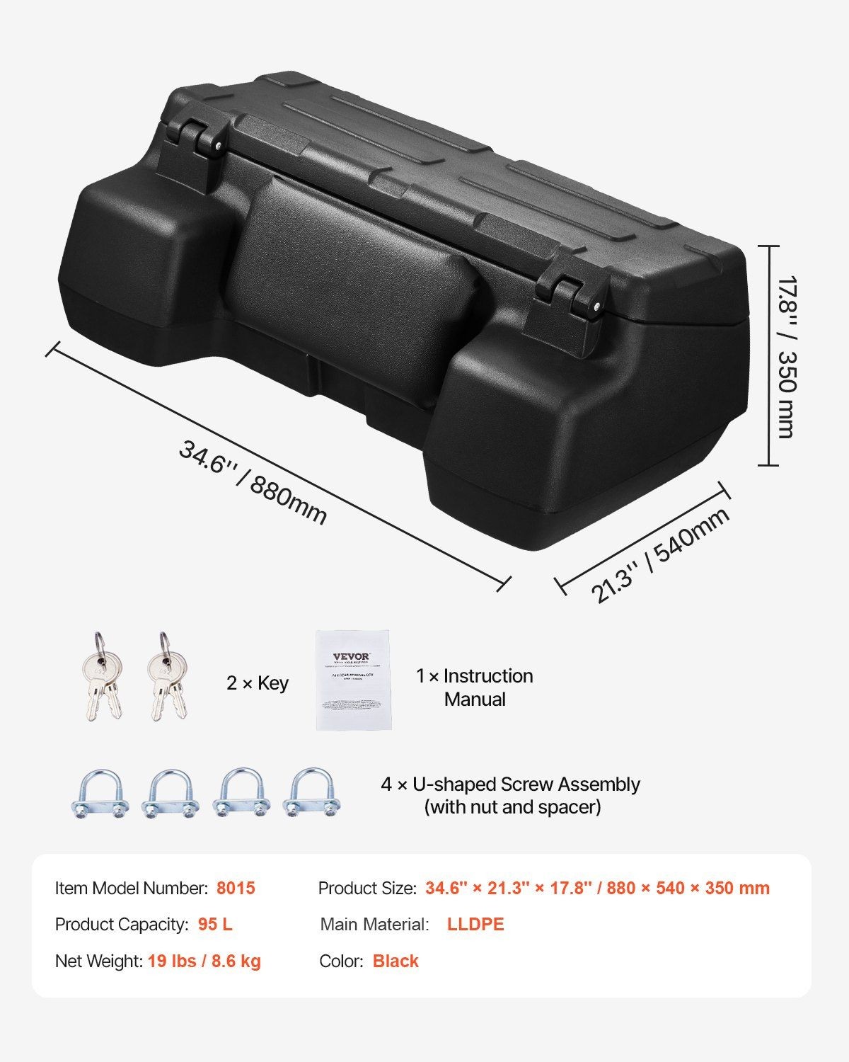 95L ATV/UTV Rear Cargo Box, Waterproof & Durable