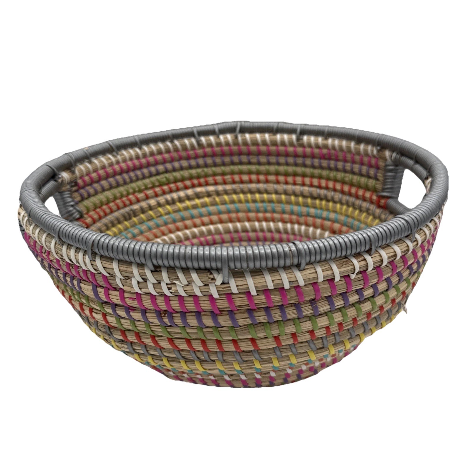 Pier 1 Rainbow Vinyl & Sea grass Basket  13” Handwoven In EUC