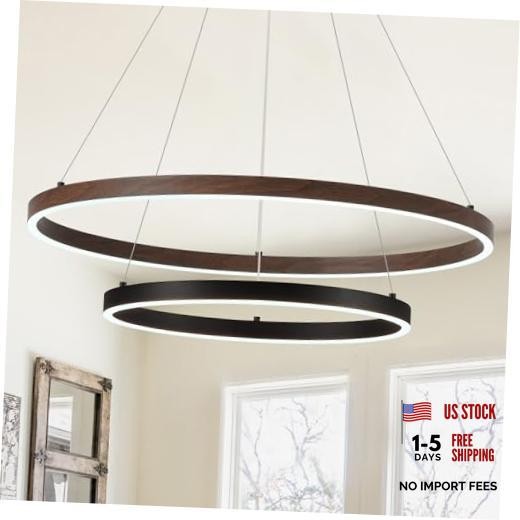 2 Ring LED Chandelier Black Walnut Wood Chandelier for Dining Room 24in