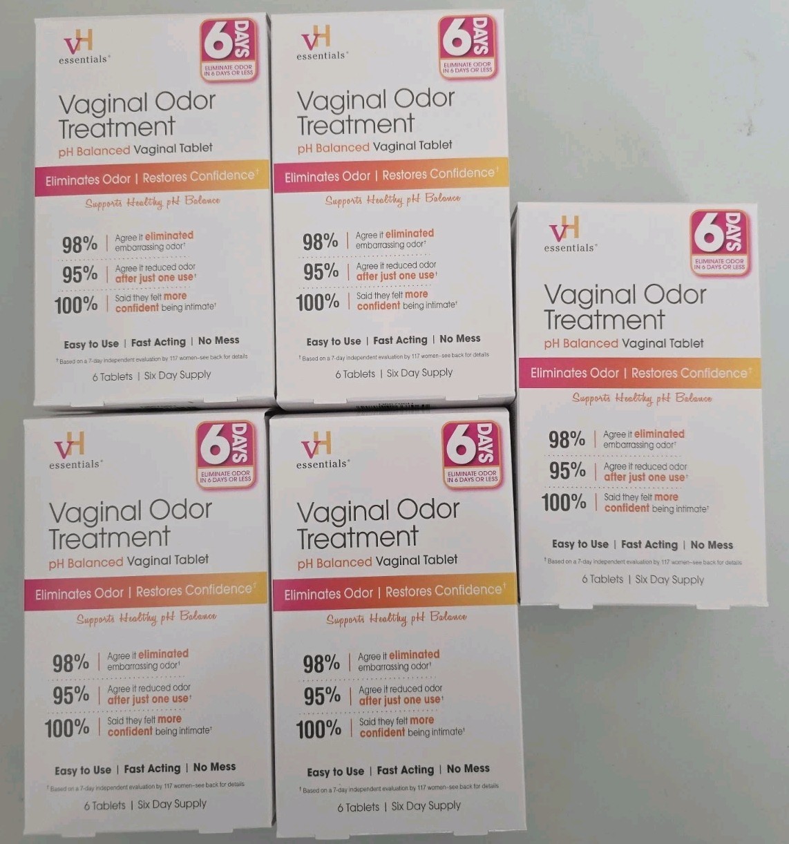 5-Pack VH Essentials Vaginal Odor Treatment pH Balanced Vaginal Tablets, 6 Count