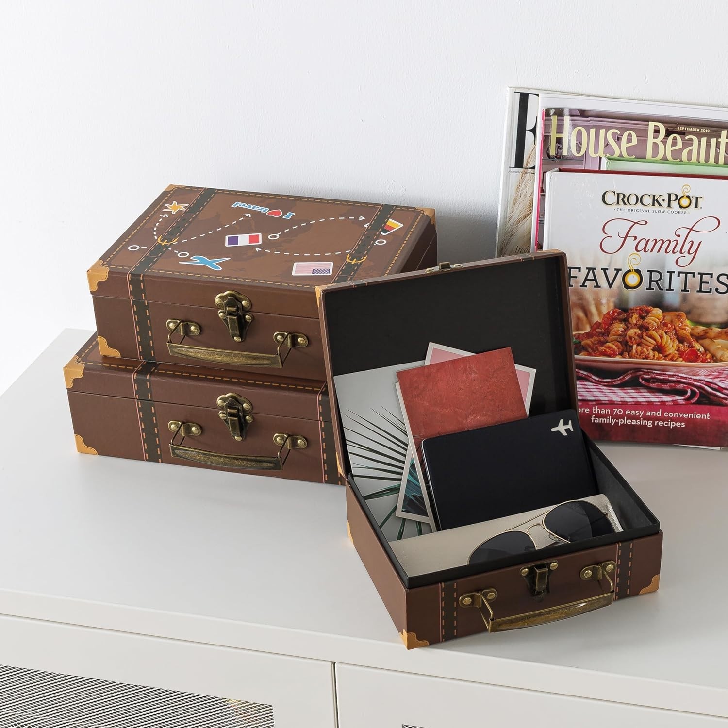 3 Vintage Decorative Suitcases Trunk Retro Wood Leather Antique Storage