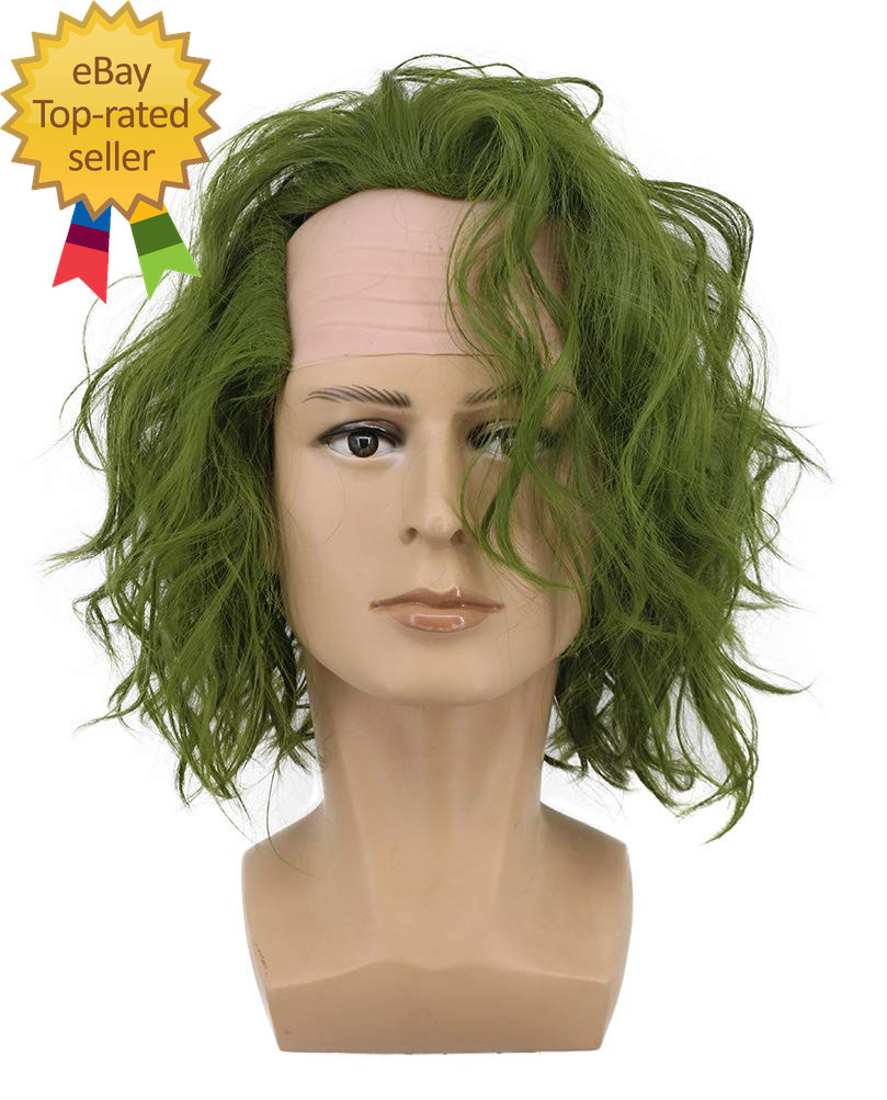 Adult Men Bald Short Curly Dark Green Wig Halloween Cosplay Anime Costume Wig