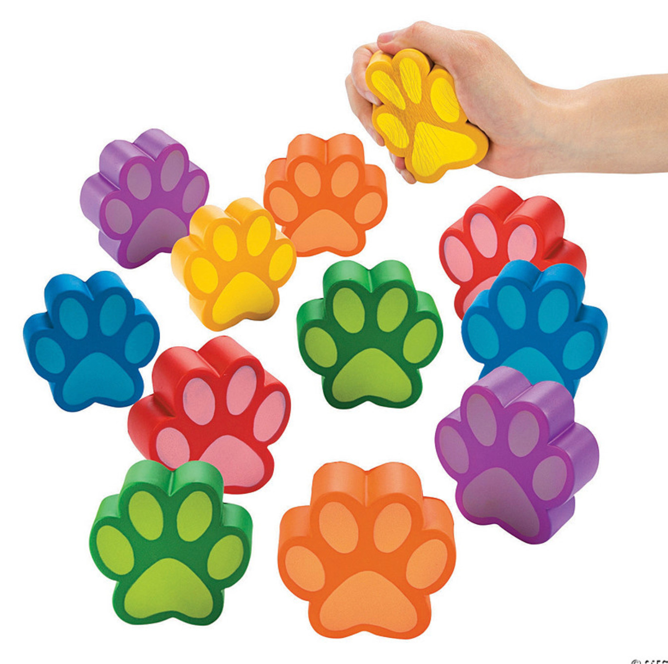NEW 12 Brightly Colored 3" Paw Print-Shaped Foam Stress Toys - 12 Pc.