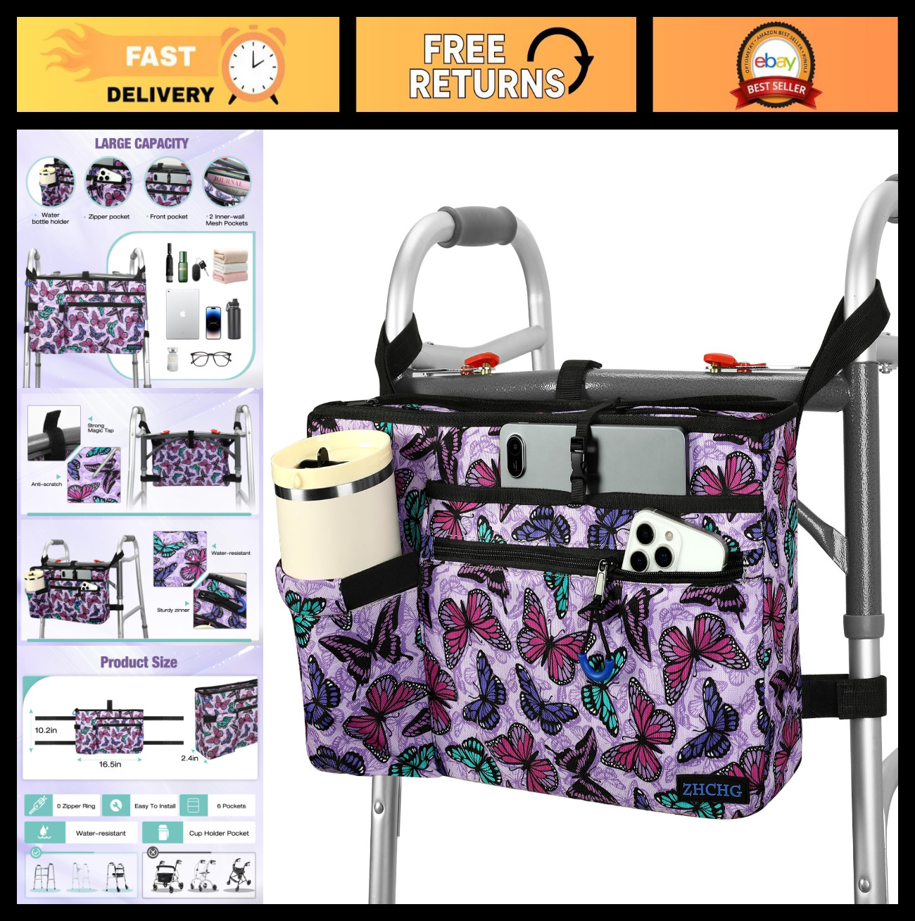 Detachable Walker Bag with Cup Holder, Foldable Basket for Seniors - Purple