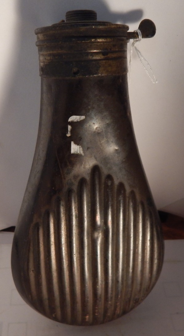 antique brass powder horn flask  6" long  patent fire proof