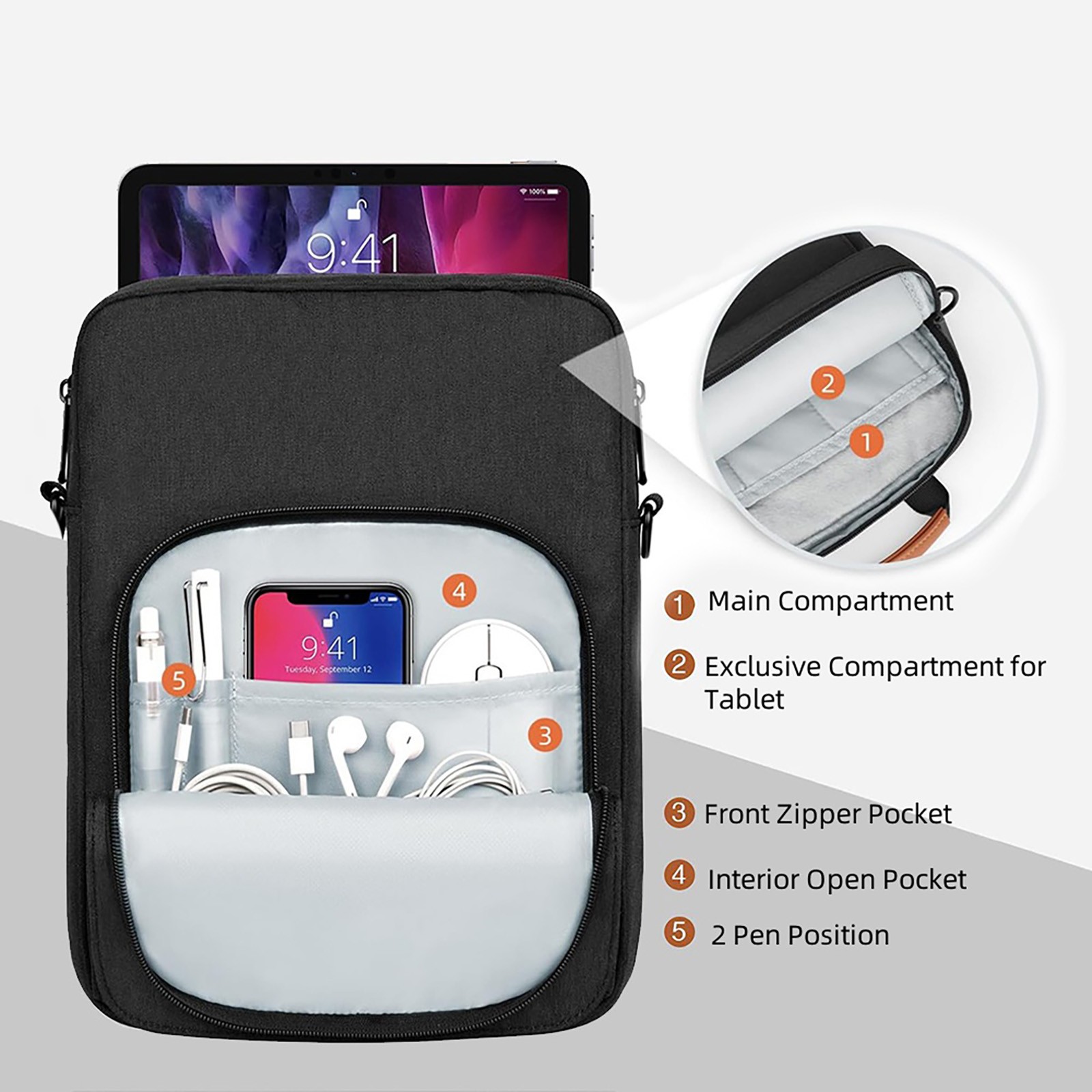 1Pc 9-11" Tablet Sleeve Case Briefcase Adjustable Shoulder Bag for iPad Pro 11"