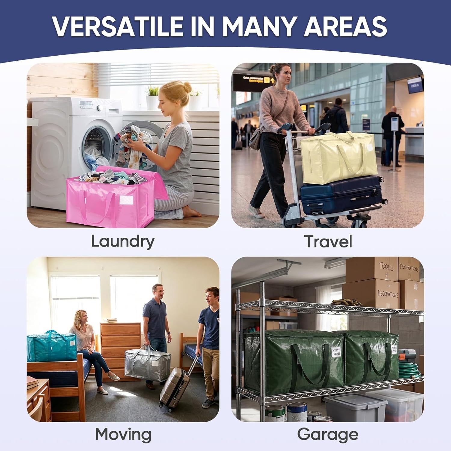 4 Pack Heavy Duty Water-Resistant Moving Bags - Extra Large Storage Solution