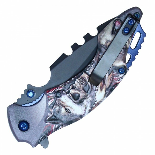 Spring-Assist Folding Knife | Wartech 3.5" Black Blade Fantasy Skull Wolf - Blue