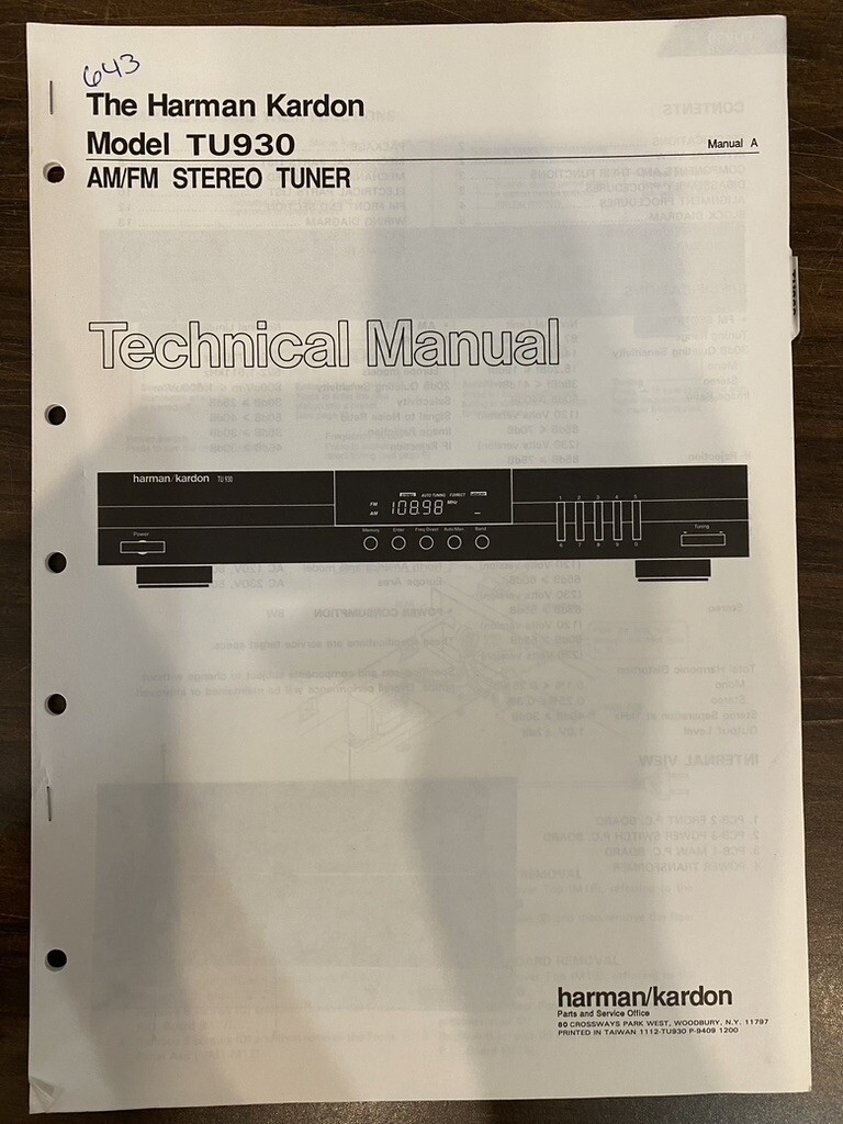 HARMAN KARDON TU930 TU-930 Service Manual *ORIGINAL* BOOK OR PDF-FREE SHIPPING