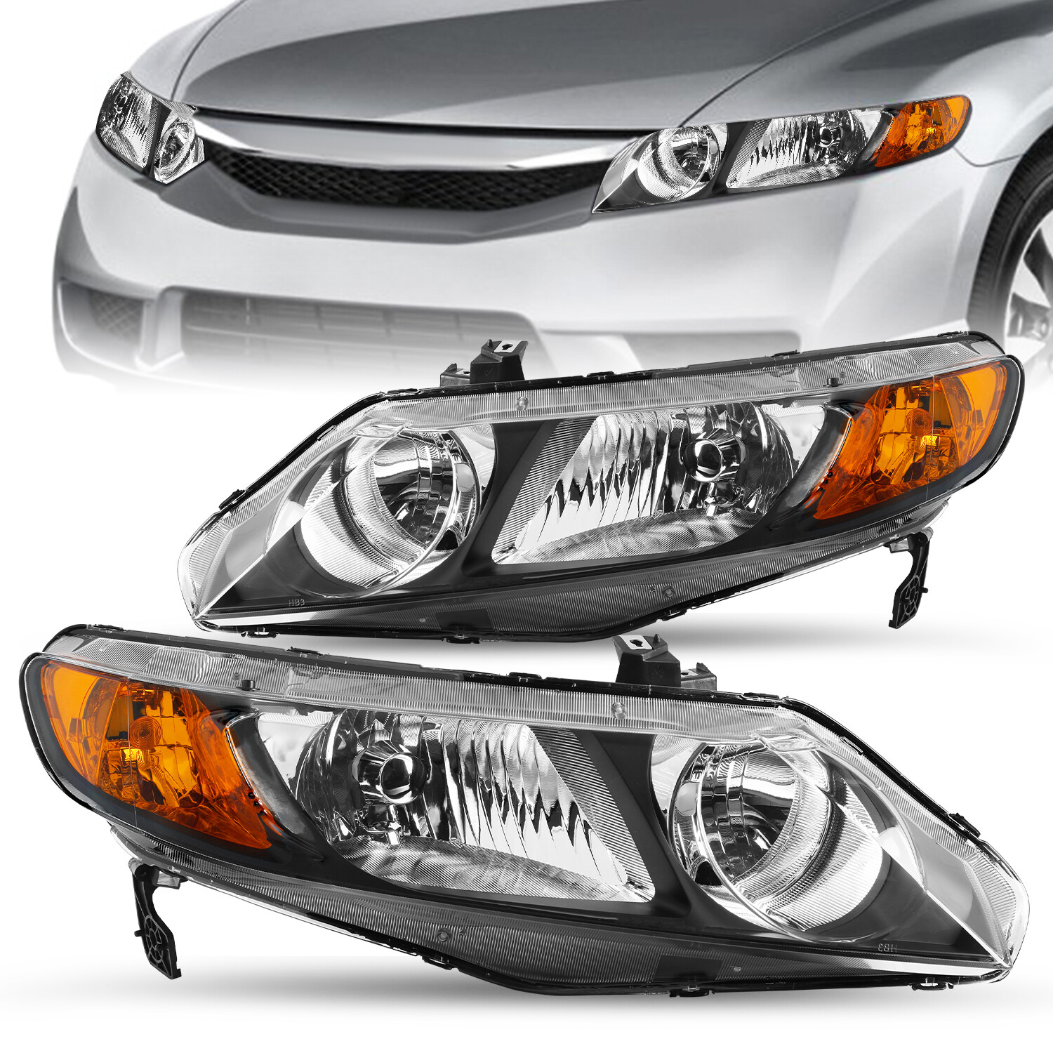 For 2006-2011 Honda Civic Sedan  Black Amber Headlights Assembly Left+Right
