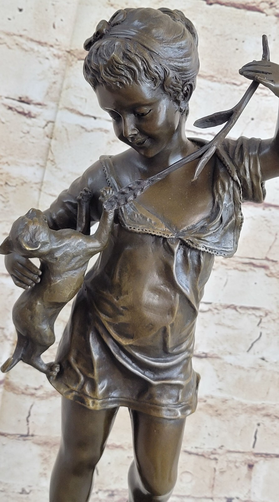 Bronze Sculpture Hello Kitty Cat Love Sweet Girl With Smile Marble Base Figure
