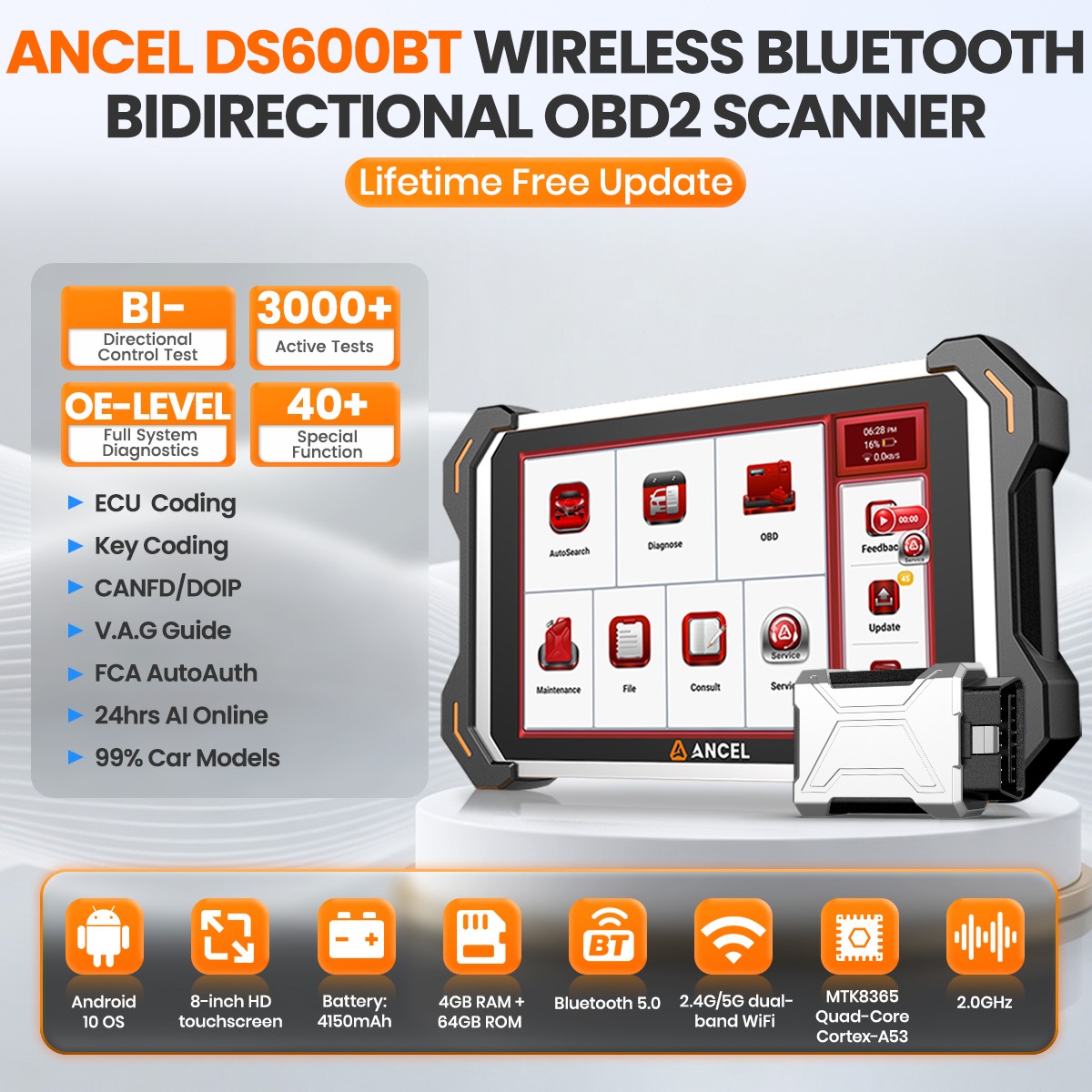 ANCEL DS600BT Car Diagnostic Tool Bidirectional OBD2 Scanner ECU Coding IMMO ABS