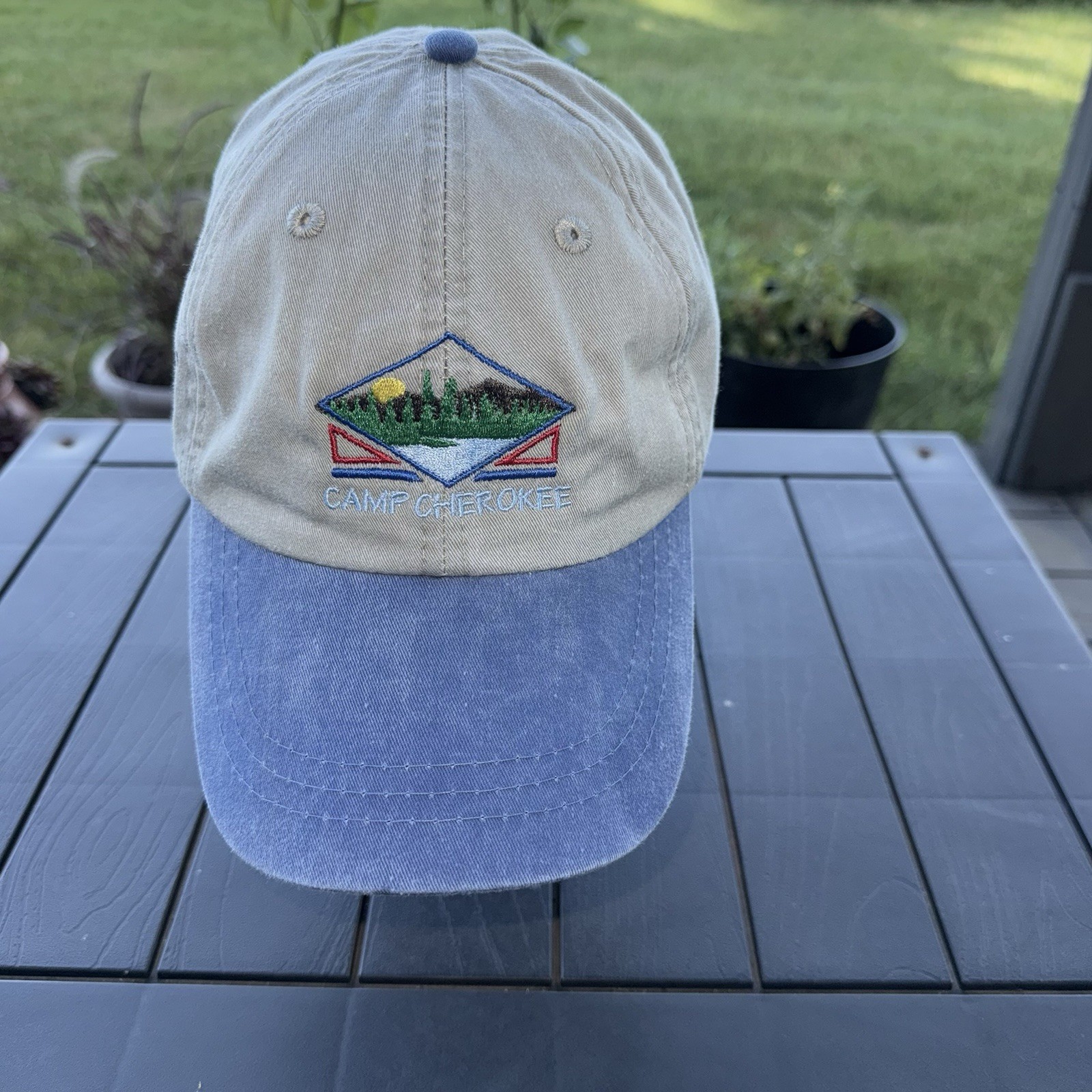 Camp Cherokee Reunion Hat Cap Blue Bill Tan Cotton Worn  Stain Strap Buckle.