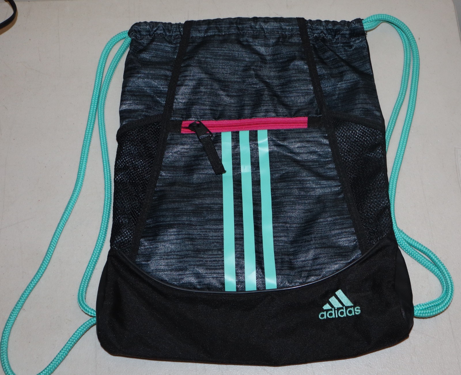 Adidas Rumble II Sackpack Backpack Bag Black Aqua Rope Straps Zippered Pockets