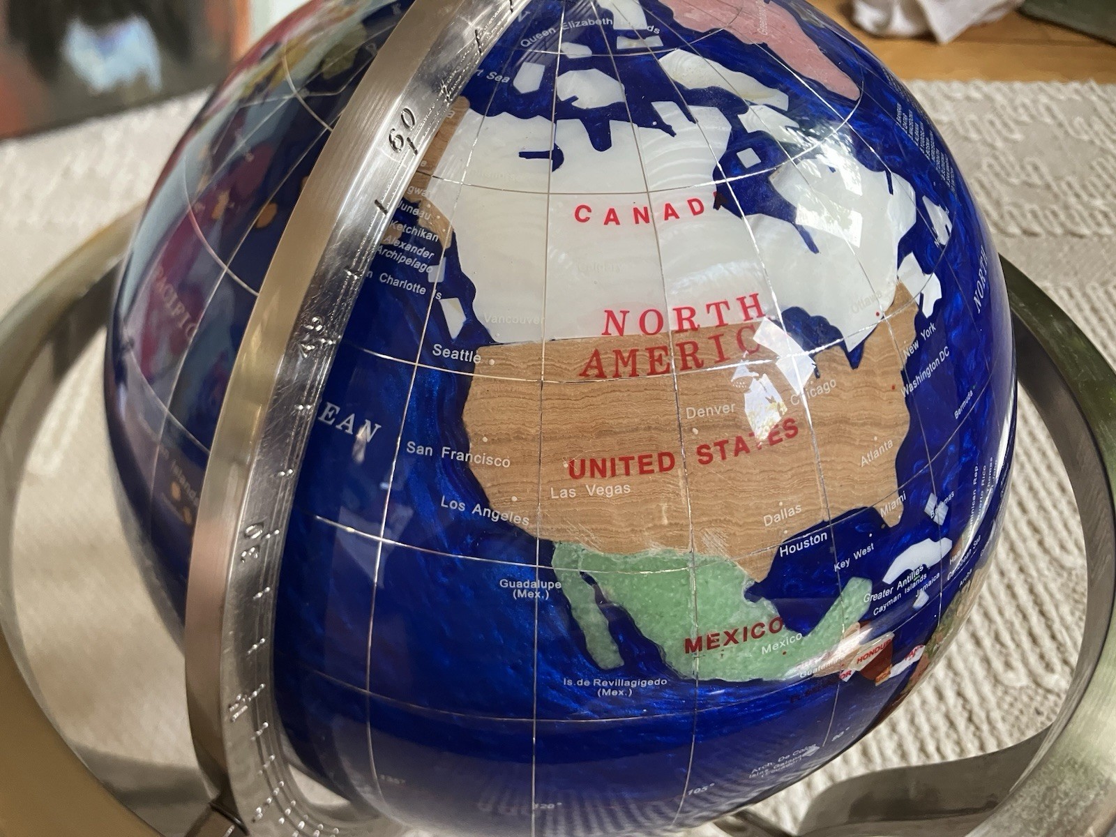 Blue Gemstone Tabletop World Globe w/ Rotating Silver Metal Base Compass