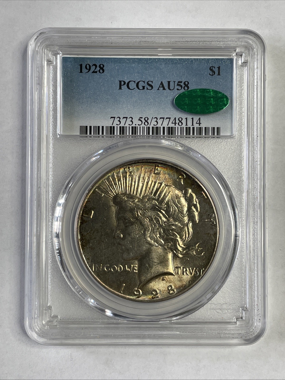 1928 Peace Dollar PCGS AU58 CAC Rainbow Toned Everyman Registry Quality High End