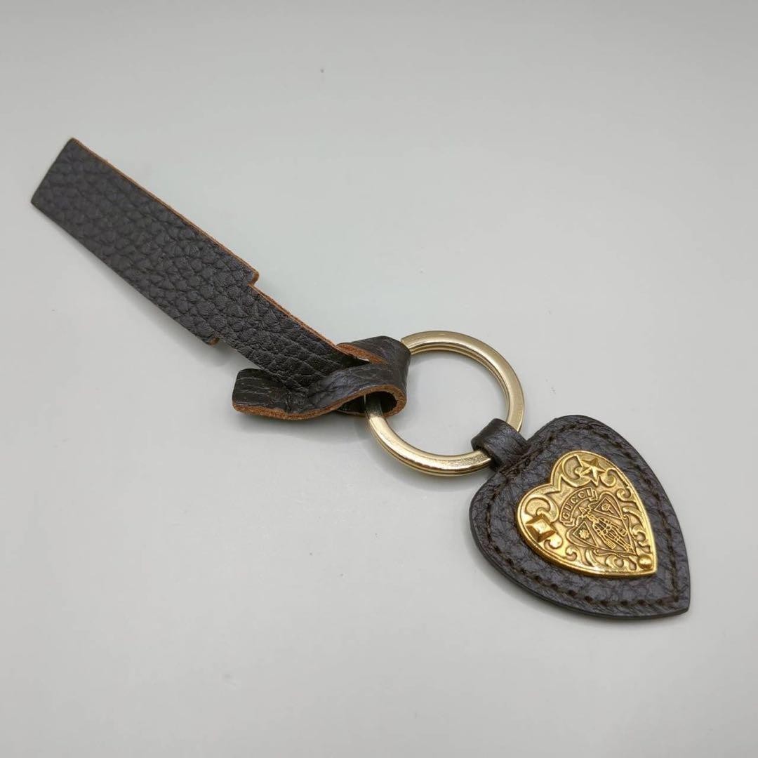 Authentic GUCCI Large Crest Keychain Keyring Bag charm Leather Gold from japan