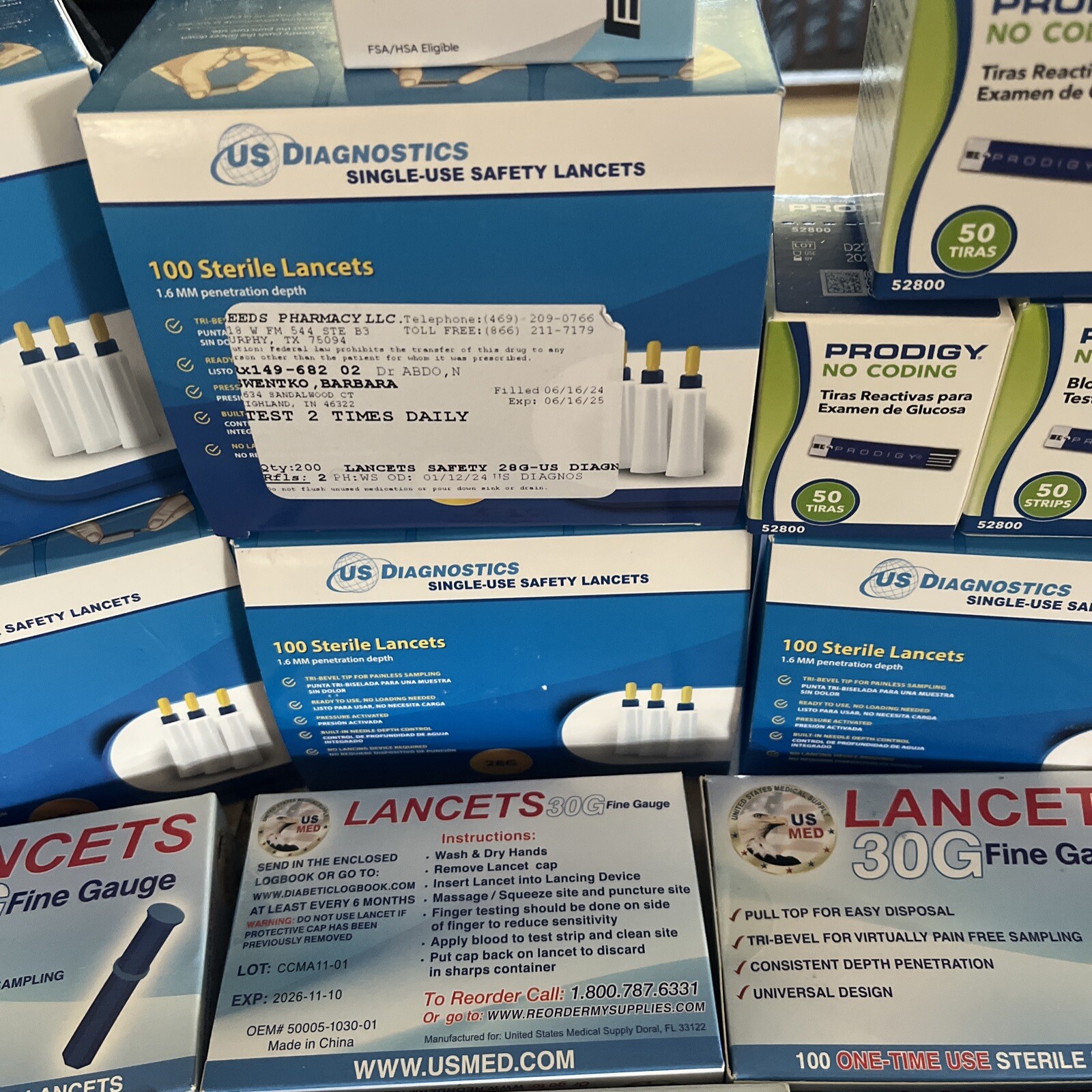 5 boxes of 100lancets 9 boxes 30g one touch and 3 boxes prodigylook description