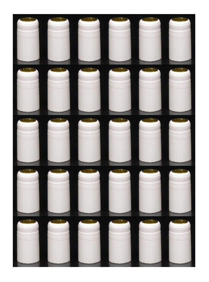 SHRINK CAPSULES 33 WHITE w/GOLD TOP PVC HEAT SHRINKS FOR WINE MAKING BOTTLES