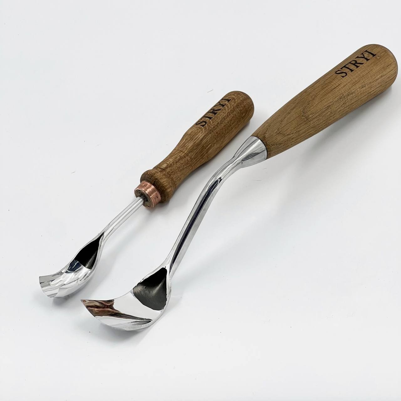 Set of large bent gouges for bowl and kuksa carving, Carbon steel spoon gouges