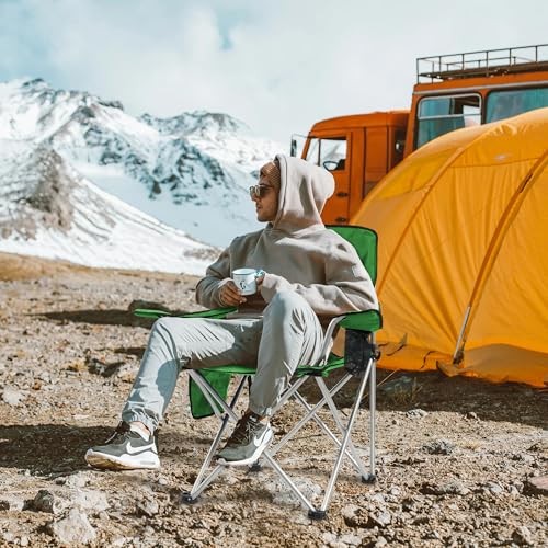 Camping Chair, Portable Folding Outdoor Chair with Arms, Cup Holder and Green