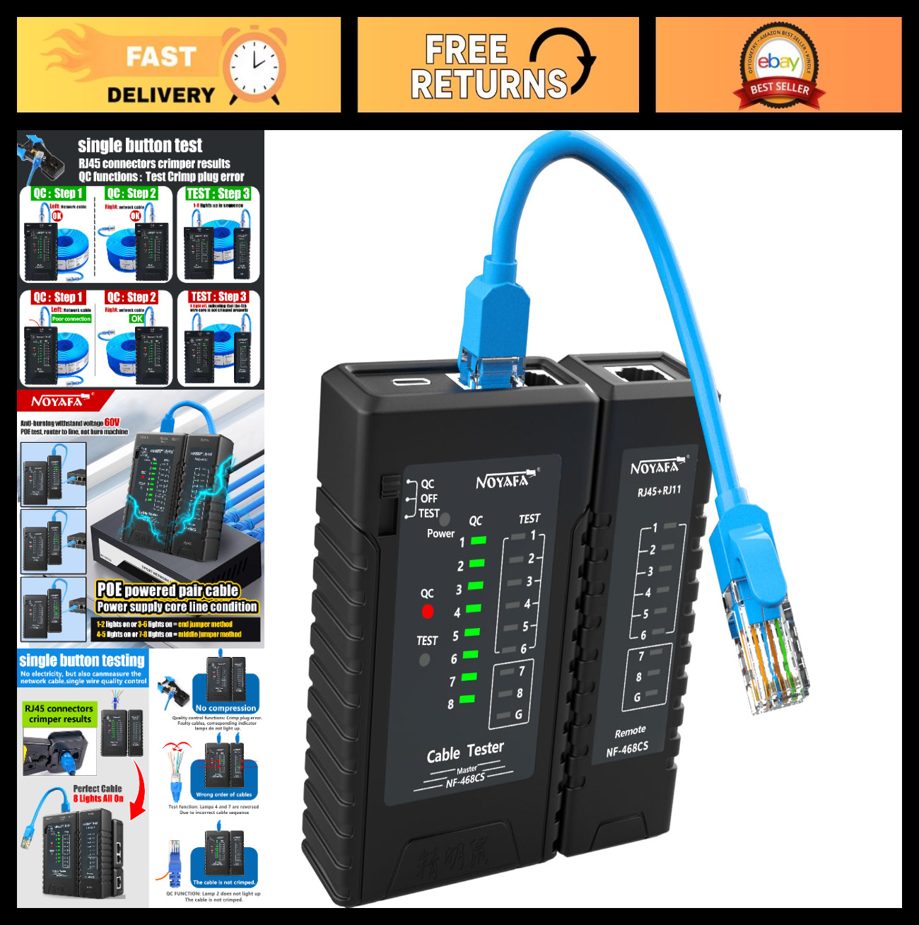 Network Cable Tester & Continuity Tester for Ethernet, RJ45/RJ11/RJ12, CAT5/CAT6