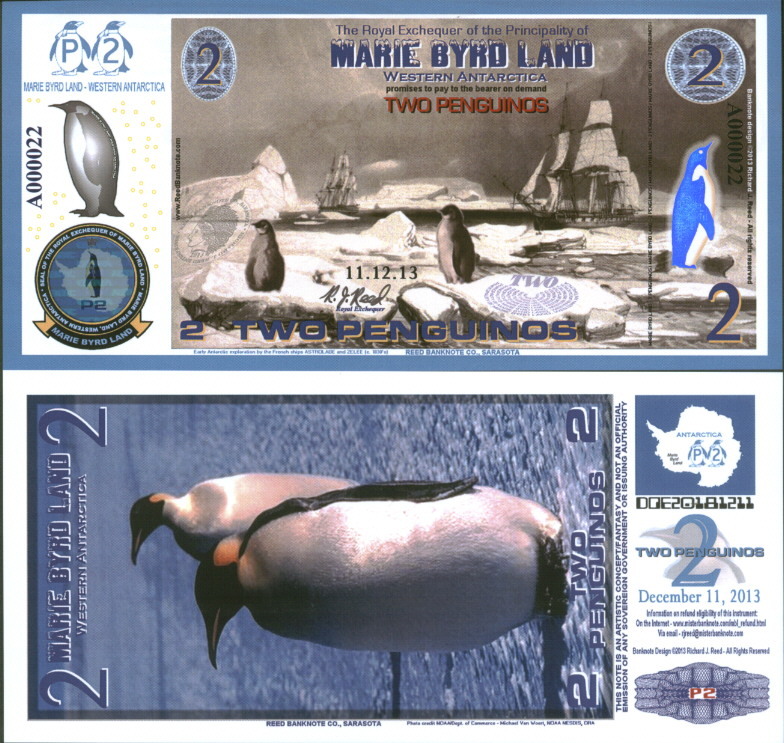 POLYMER 11.12.13 MARIE BYRD LAND 2 PENGUINO REGULAR ISSUE FANTASY ART BANKNOTE!