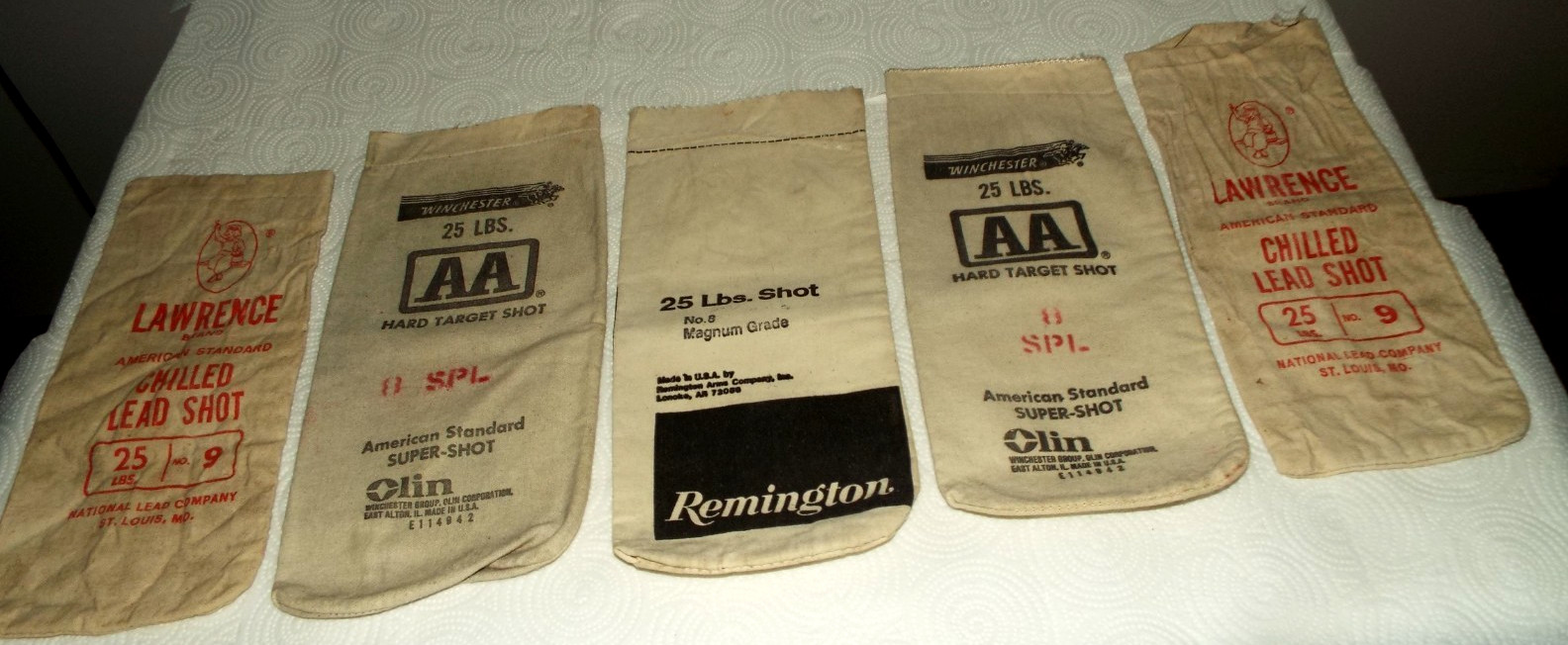 5 VINTAGE LEAD SHOT CLOTH BAGS REMINGTON, WINCHESTER & LAWRENCE READ!!!