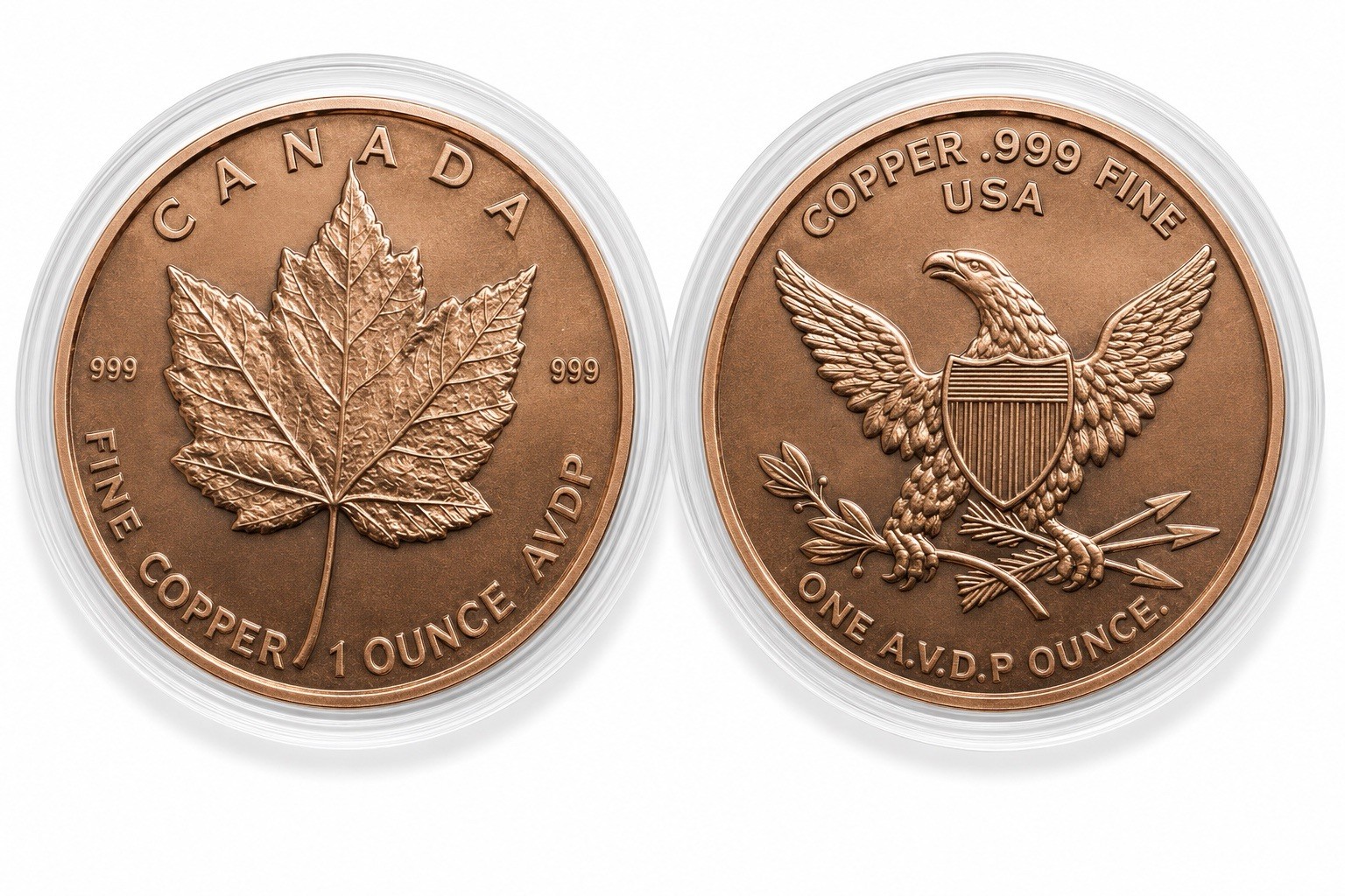 Maple Leaf & Eagle - 1 Ounce Fine .999 Copper Round - NEW IN CAPSULE