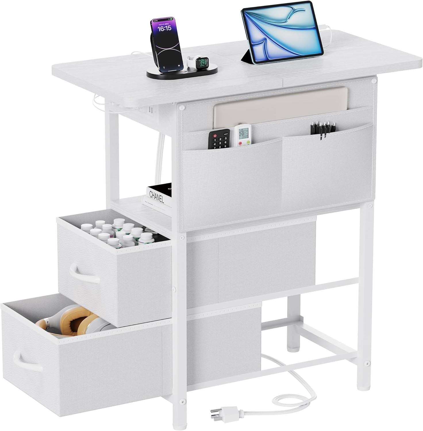 Nightstand Bedside Tables W/ Storage Small Side Table W/ Charging Station Narrow