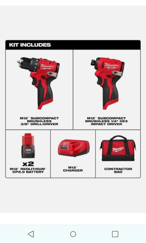 Milwaukee Tool Bag Kit 3494-22 M12 -2 Piece Combo Kit, (2) 2.0 Ah Exclusive kit