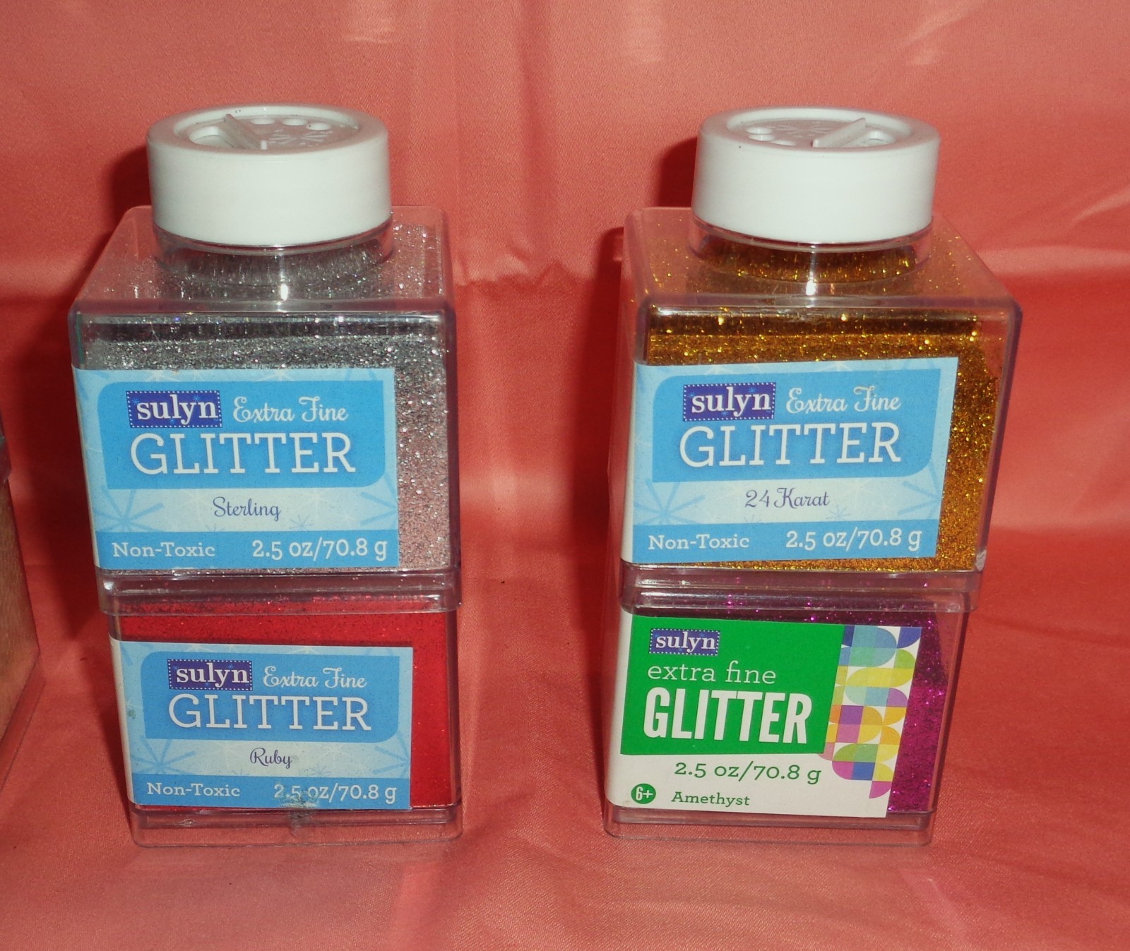 4 NEW SULYN EXTRA FINE GLITTER-2.5oz EACH-SILVER,GOLD,RED,AMETHYST-PRETTY COLORS
