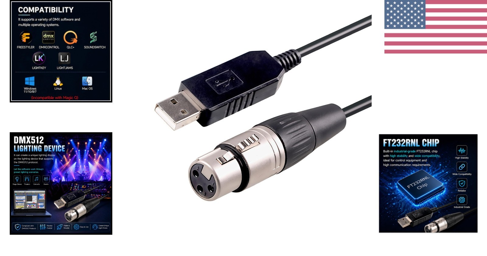 USB to Interface Cable FT232RNL DMX Controller Adapter 3 Pin XLR DMX Cable fo...