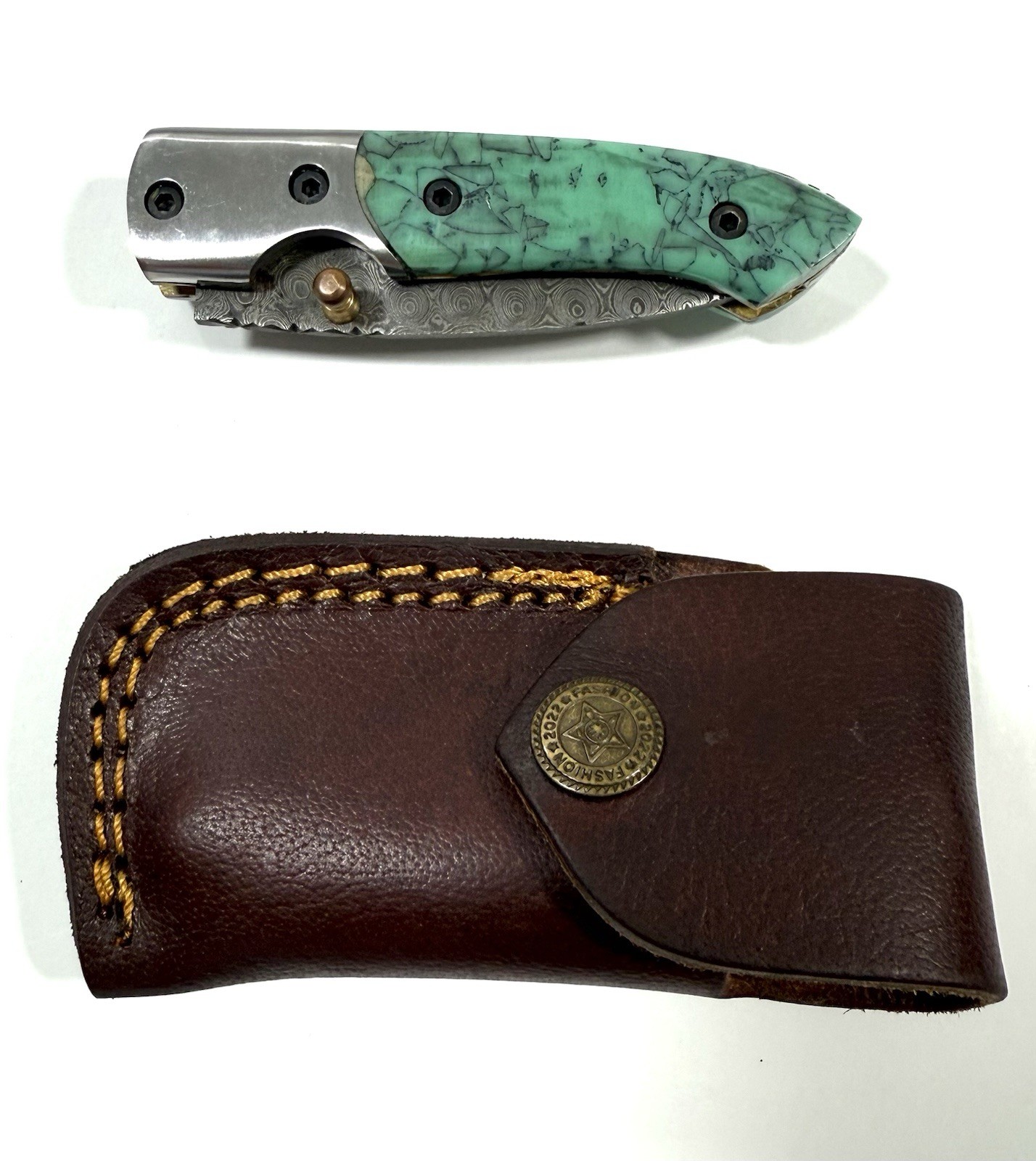 Handmade Turquoise Stone Handle Damascus Steel Folding Pocket Knife & Holder USA
