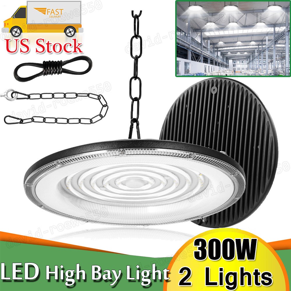 2 Pack 300W UFO LED High Bay Light Warehouse Industrial Factory Shop Shed Lamp