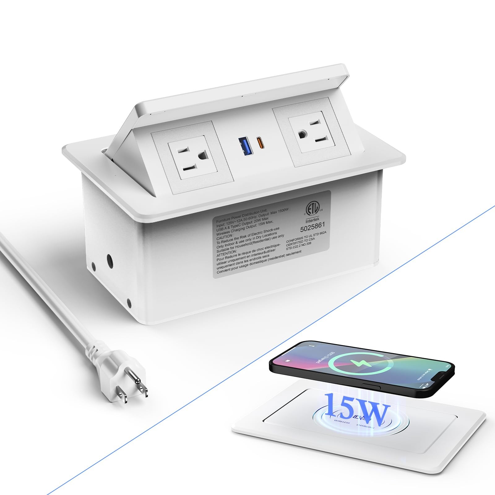 Pop Up Outlet with 20W USB C, Pop up Power Outlet with 15W Wireless Charging, 2